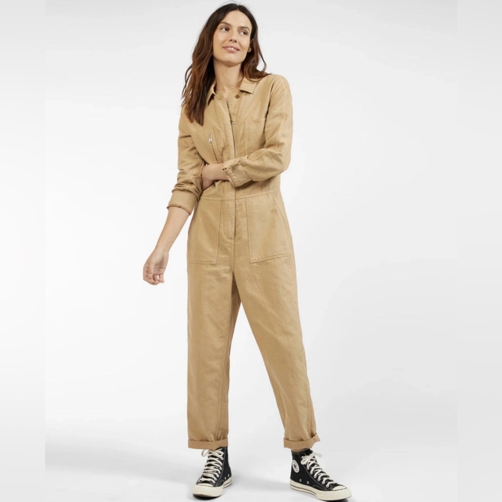 Outerknown STATION Long Sleeve Utility Jumpsuit Sand/Tan Sz L NWT $178 Linen - Picture 2 of 16